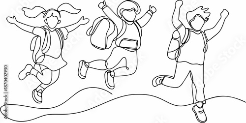 Joyful children jumping with backpacks depicted in a continuous line drawing style