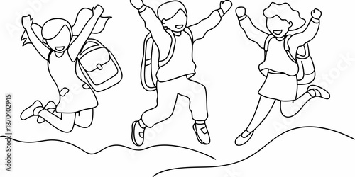 Joyful students jumping with backpacks celebrating freedom and a happy school day