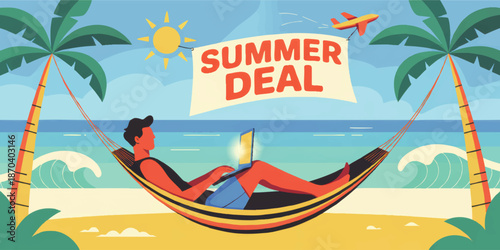 Summer deal beach banner with man working on laptop in hammock under palm trees, tropical travel discount holiday illustration
