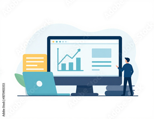 A man analyzing data on a large computer screen in an office setting, 