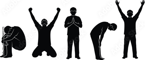 Human emotion silhouettes vector showing sadness, prayer, stress relief and celebration poses for mental health, wellness and emotional lifestyle concepts.