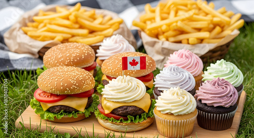 Wallpaper Mural A wooden board with assorted cupcakes and decorated hamburgers including a canadian flag on a grassy picnic Torontodigital.ca