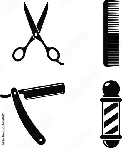 Top-down perspective of essential barbering tools placed in the corners of a white background. Scissors, clippers, combs, and razors are displayed
