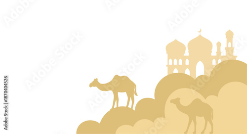 Camel Caravan and Mosque Silhouette in Desert for Ramadan Vector