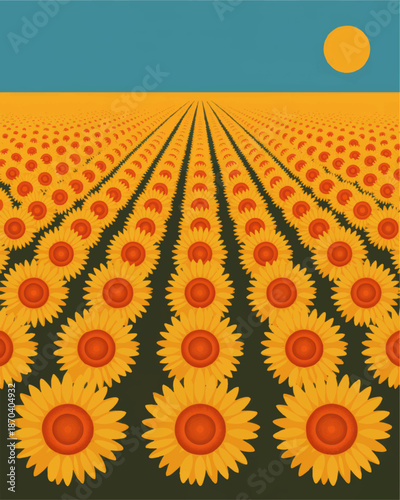 Vibrant sunflower field illustration with endless floral rows under blue sky and sun, bright summer landscape background