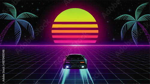 Retro futuristic sports car driving to neon sunset, synthwave palm trees and glowing grid landscape in cyberpunk 80s vaporwave style