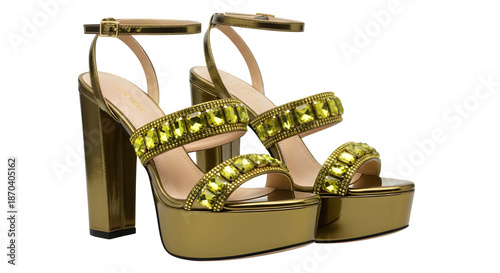Luxurious gold high heels with green gemstones