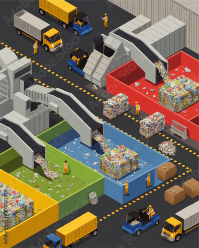 Isometric recycling plant with conveyor belts, garbage trucks and workers sorting plastic waste for eco friendly waste management