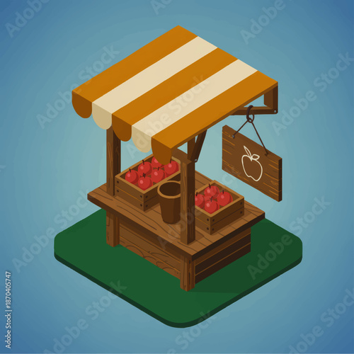 Isometric farmers market apple stand illustration with rustic wooden fruit stall, striped canopy awning and fresh red apples