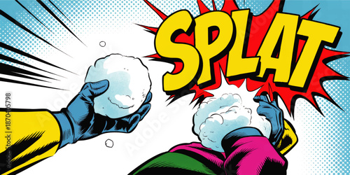 Retro pop art snowball fight illustration with comic book SPLAT text, winter action scene, bright blue yellow red colors