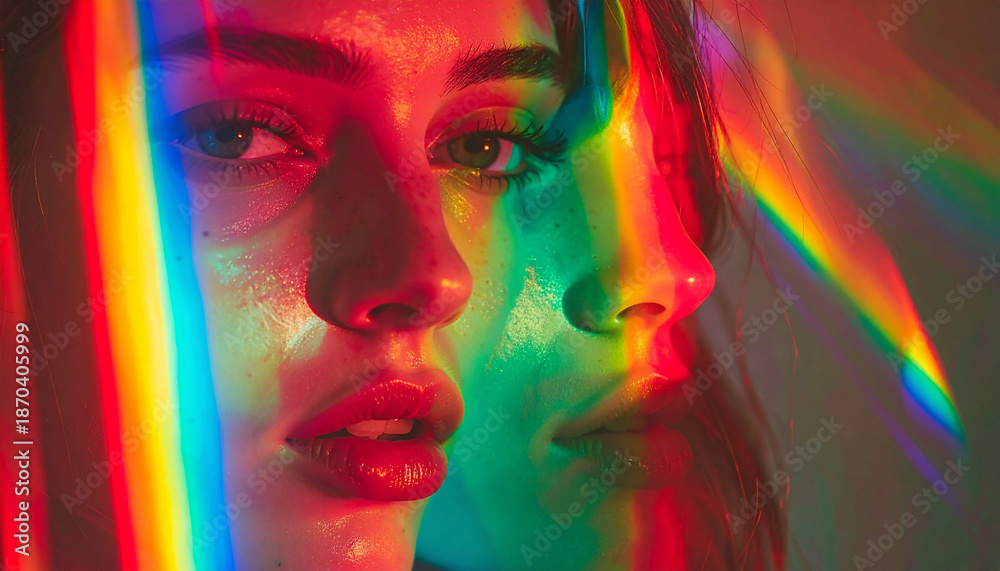 Fototapeta premium Prismatic Reflection: An artistic image captures a woman's face through a prism of colors, emphasizing the beauty of diversity and the power of light, while creating a unique visual experience.