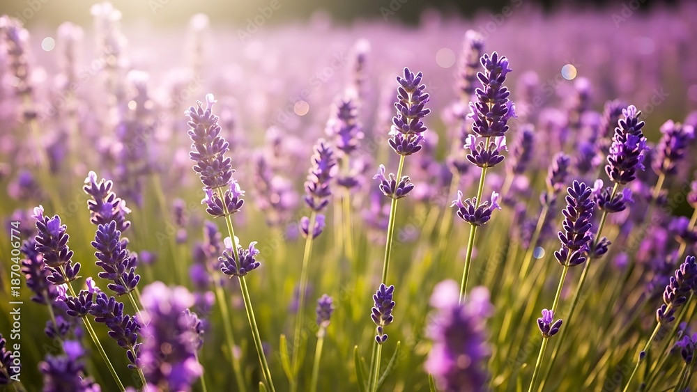 Obraz premium Lavender Field at Sunset Purple Flowers Summer Bloom Soft Sunlight.