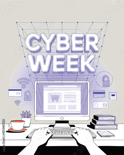 Cyber Week online shopping illustration, desktop computer e commerce sale banner with security icons, modern flat vector design