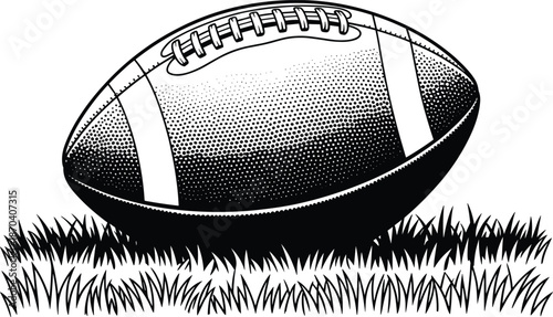 American football black and white illustration, vintage engraved style ball on grass, sports equipment design, monochrome vector artwork