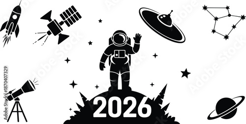 Astronaut silhouette standing on planet 2026, futuristic space icons, rockets satellites constellations, minimal black and white illustration