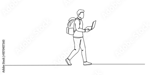 Continuous one line of a digital nomad exploring a new city with a laptop bag, combining travel and work, drawn vector illustration.