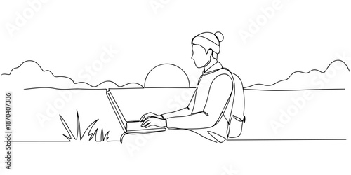 Continuous one line of a digital nomad enjoying the sunrise while working on a laptop, capturing inspiration and freedom, drawn vector illustration.