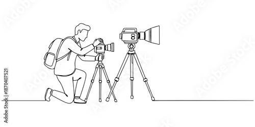 Continuous one line of a digital nomad setting up video equipment for content creation, representing digital creativity and entrepreneurship, drawn vector illustration.