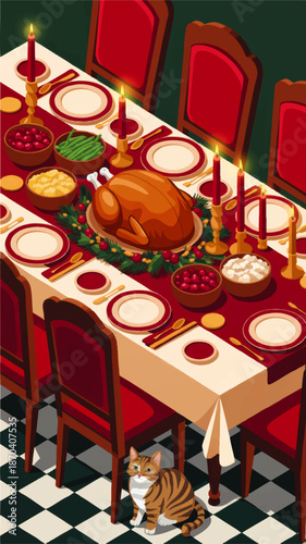 Festive holiday dinner table with roast turkey, candles and side dishes in cozy dining room interior with curious cat illustration