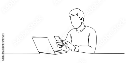Continuous one line of a person using a smartphone for long distance communication in a cozy cafe, symbolizing connectivity and flexibility, drawn vector illustration.