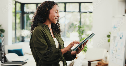 Tableau sur toile Tablet, smile and research with business woman in office for planning, editor feedback and article review