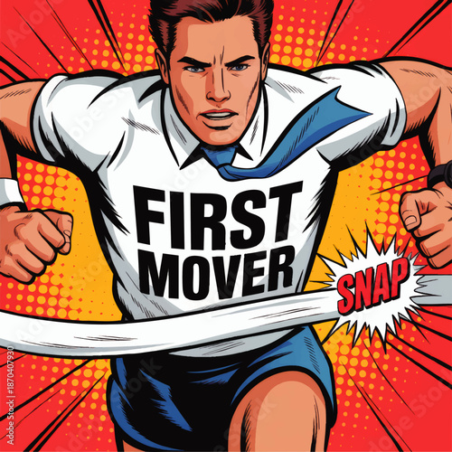 Dynamic pop art business runner breaking finish line ribbon, first mover advantage leadership success concept, bold comic style illustration