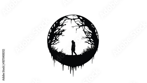 Solitary figure walks through a circular forest silhouette under a dark, eerie sky.