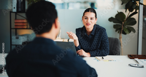 Interview, employer or people in office with laptop for recruitment talk, finance career or hiring offer. Woman, job candidate or communication with computer, onboarding update or financial business.