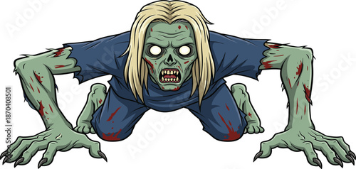 Scary Cartoon Zombie Mascot Character Crawling with Long Blonde Hair and Sharp Teeth, Spooky Undead Illustration for Halloween Horror Design