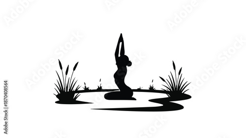 Serene silhouette of a woman in a prayer pose by tranquil water and reeds at sunrise.