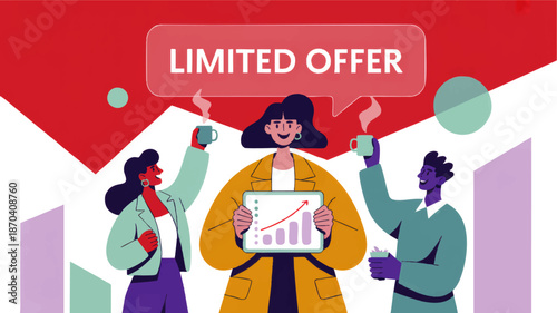 Limited offer marketing banner with diverse business team, tablet growth chart and bold red speech bubble, modern flat illustration