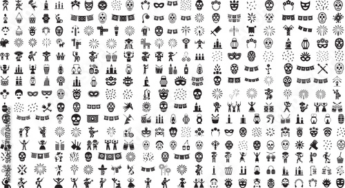 Halloween themed icons including skulls masks fireworks and party symbols on white background