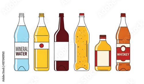Flat plastic bottle icons for water oil wine beer and whiskey vector set isolated on transparent background