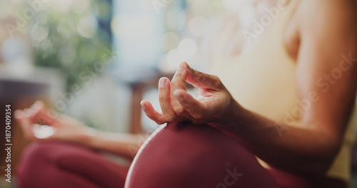 Fotografie Woman, hands and meditation with zen for spiritual wellness, awareness or mental wellbeing in home