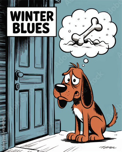 Sad cartoon dog with winter blues sitting by door, thinking of buried bone in snow, humorous seasonal pet illustration