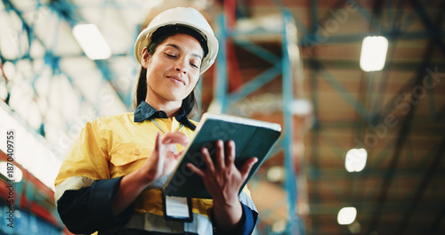 Obraz na płótnie Woman, tablet and warehouse inspection for storage, checklist or smile for inventory management