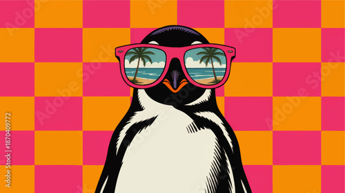 Cool penguin in sunglasses with tropical beach reflection on vibrant pink orange checkerboard pop art background