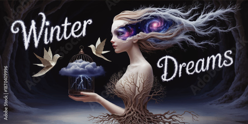 Surreal winter dreams fantasy woman with galaxy hair holding storm cloud cage and paper birds in dark magical forest illustration