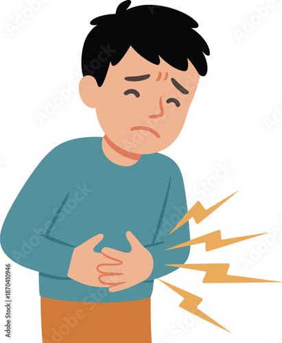 Cartoon boy with stomach pain illustration, abdominal ache symptom concept, child health problem, digestive discomfort medical vector design