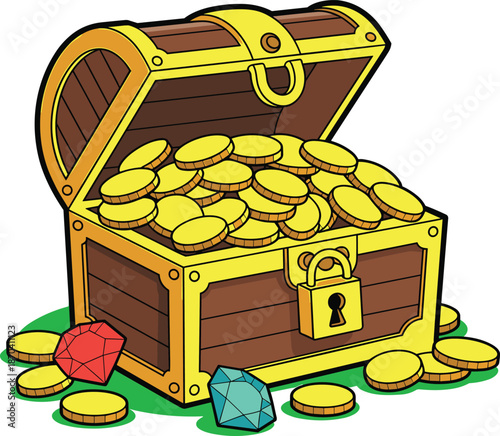 Cartoon treasure chest illustration filled with gold coins and gemstones, fantasy pirate wealth concept, colorful vector design isolated
