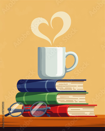Cozy reading corner with coffee mug heart steam, stack of colorful books and eyeglasses on wooden desk, warm study illustration