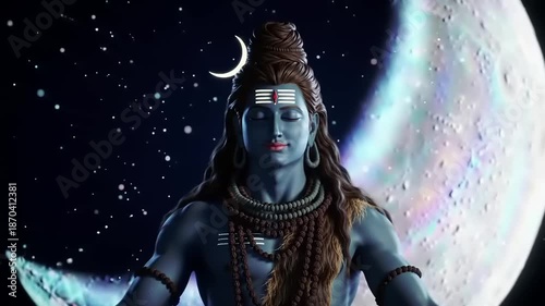 Hindu God Shiva Meditating with Moonlit Night.