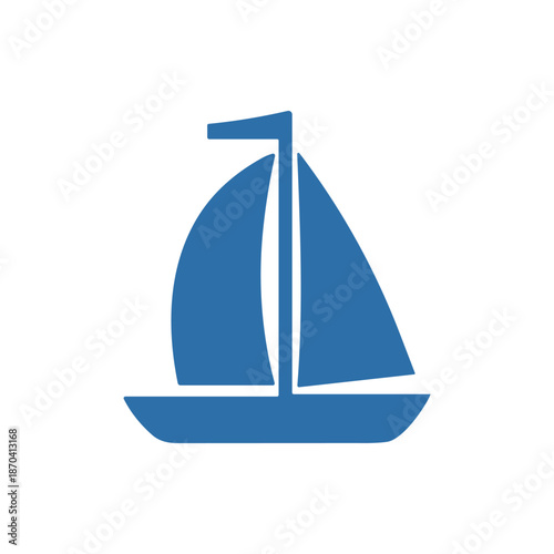 Clean and simple blue flat vector icon illustration depicting a stylized sailboat gliding on water, symbolizing maritime adventure, leisurely travel, and nautical exploration for design projects