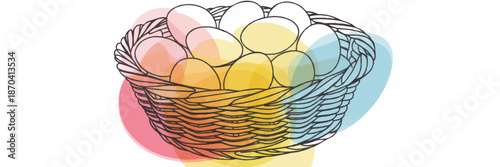 Colorful line art basket of eggs with pastel overlays, financial diversification metaphor, modern investment illustration