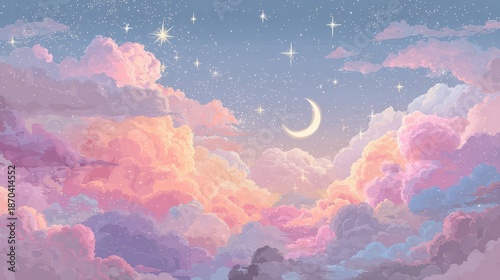 Pixel Art Sky with Pastel Clouds Crescent Moon and Scattered Stars Calm Serene Dreamy Cloudscape in Soft Pink Purple and Blue Tones Pixelated Aesthetic