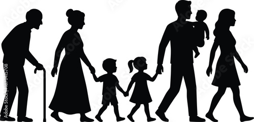 Family generations silhouettes walking together, grandparents parents children baby, life stages shadow, black people illustration, isolated on white background