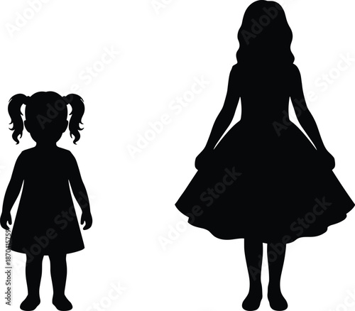 Mother and daughter silhouettes standing together, loving family relationship shadow, black people illustration, isolated on white background design