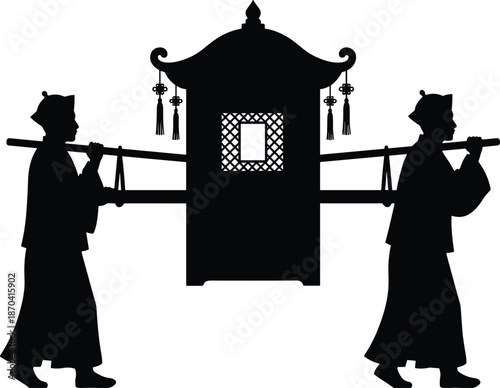 Traditional palanquin silhouette carried by people, asian royal sedan chair shadow, cultural transport illustration, isolated on white background