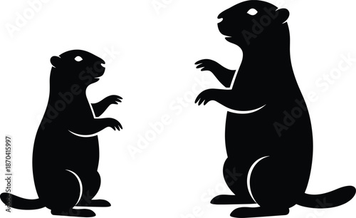 Two marmot silhouettes standing upright, wild rodent animals shadow, black nature illustration, isolated on white background design