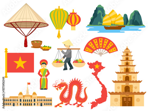 travel to vietnam culture elements landmarks food round infographic banner map flag of country ho chi minh mausoleum pho noodle soup saigon cathedral cartoon illustration